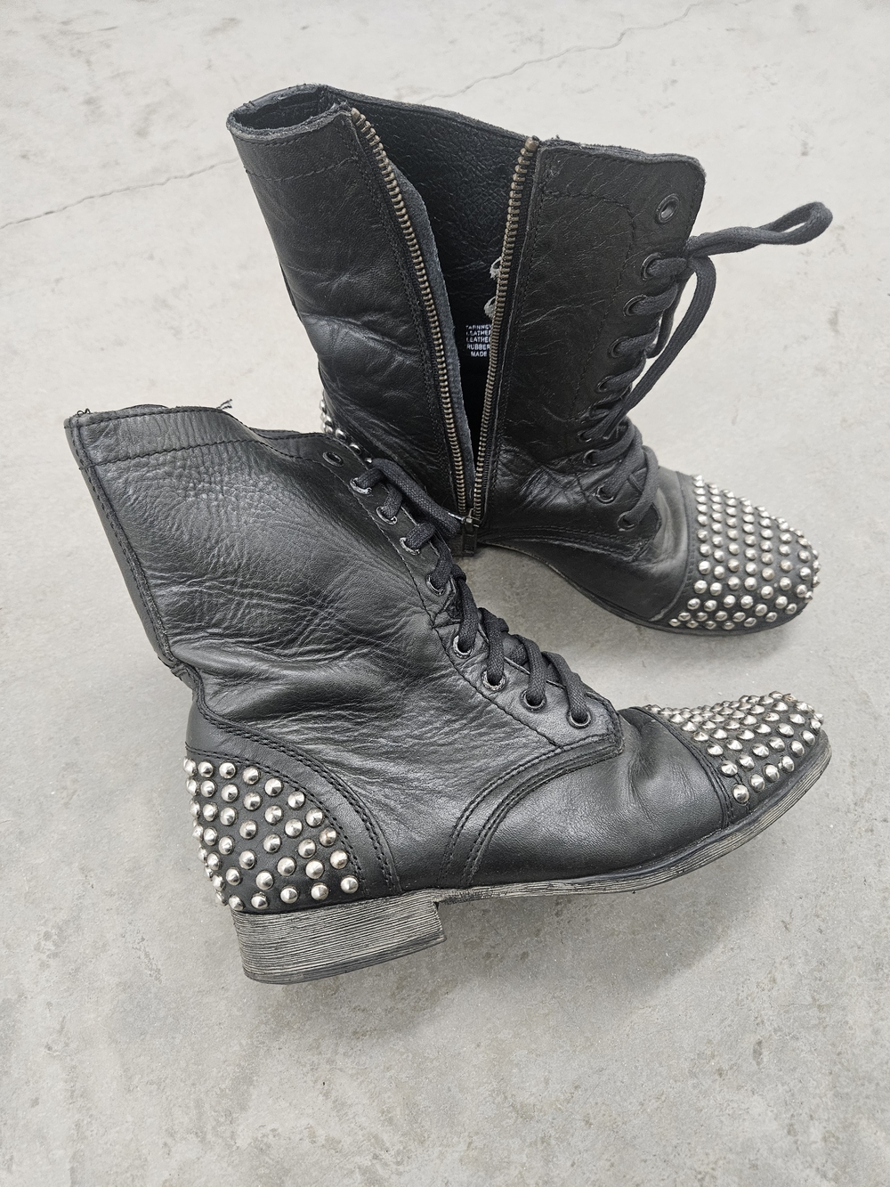 Steve Madden Black Studded Lace-Up Combat Boots with Side Zipper